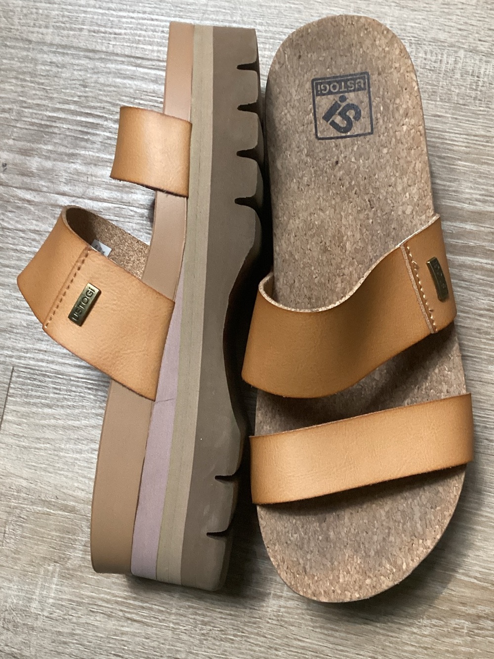 Ustogi Tan Platform Slide Vegan Leather Straps & Cork Style Foodbed Sandals Sz 9